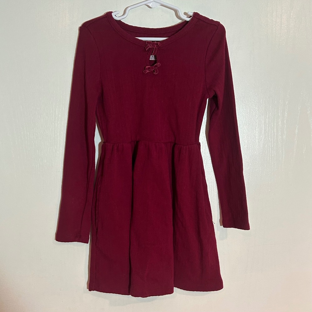 Cat‎ & Jack Girls XS 4/5 Burgundy Ribbed Long Sleeve Keyhole Velvet Bow Dress